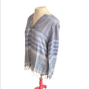 Dylan long sleeved Boho top with tie fringe. Size small. Denim blue/silver/gold